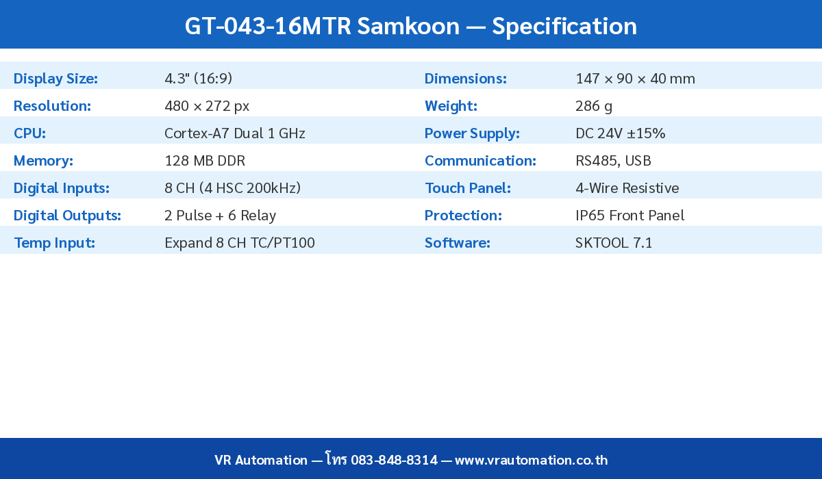 GT-043-16MTR Samkoon Specification Table