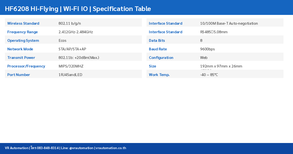HF6208 Hi-Flying ตารางสเปค