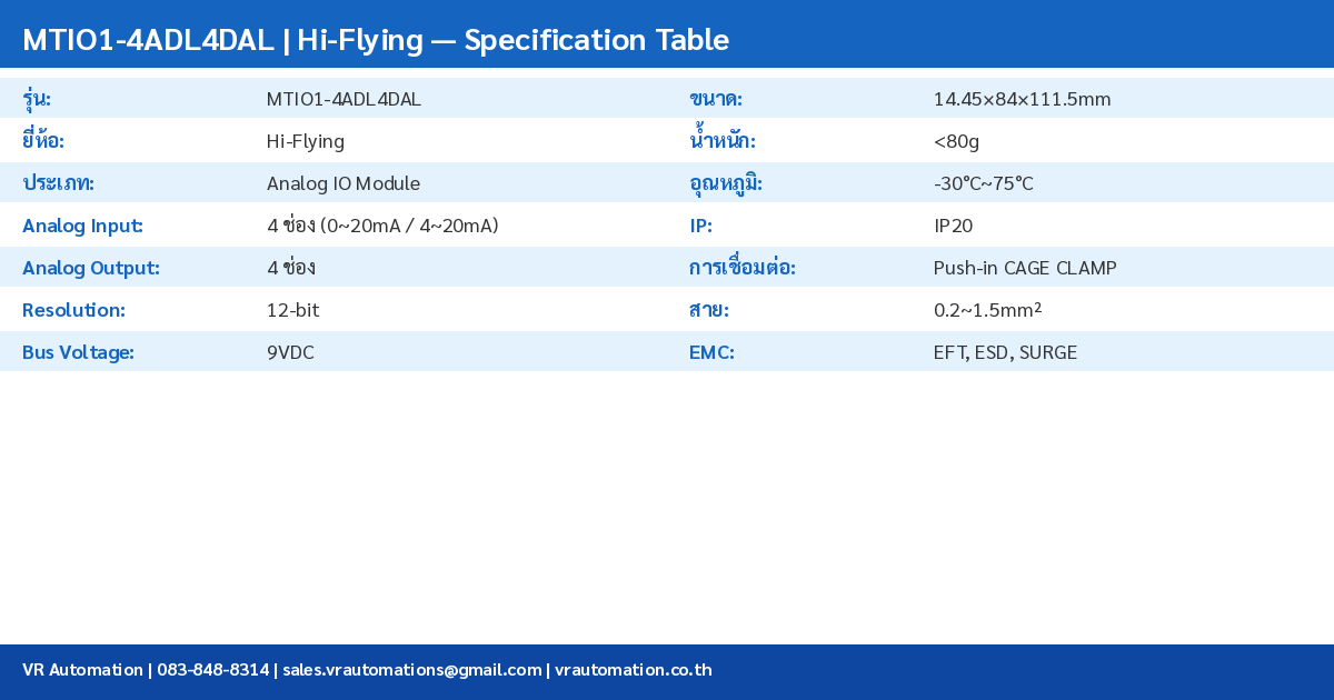 MTIO1-4ADL4DAL Specification Table