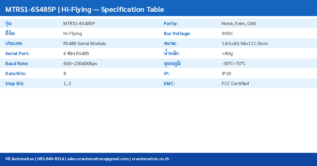 MTRS1-6S485P Specification Table