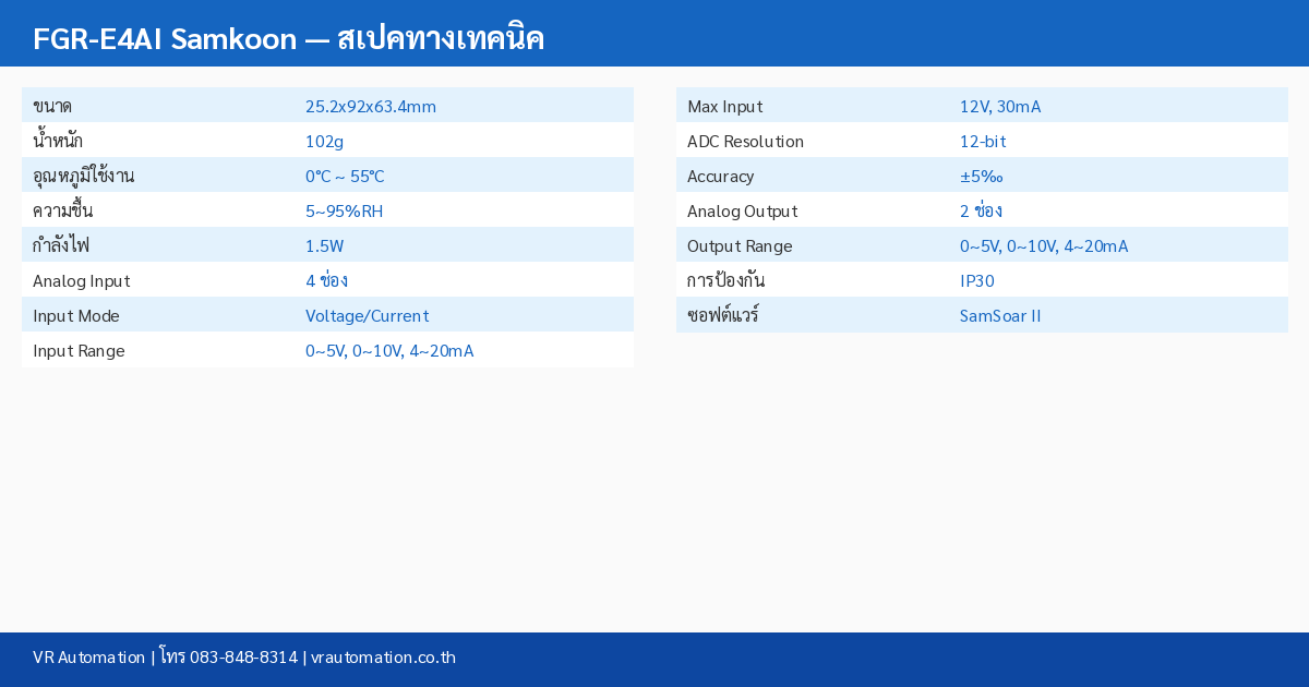 FGR-E4AI Samkoon ตารางสเปค