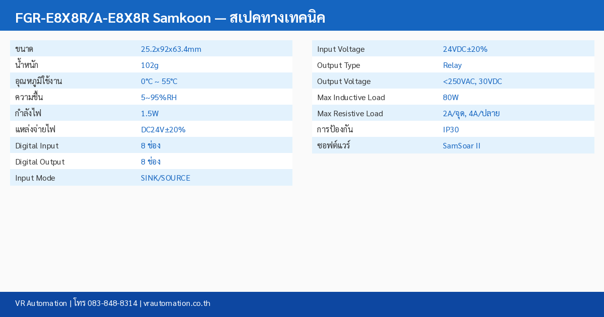 FGR-E8X8R/A-E8X8R Samkoon ตารางสเปค