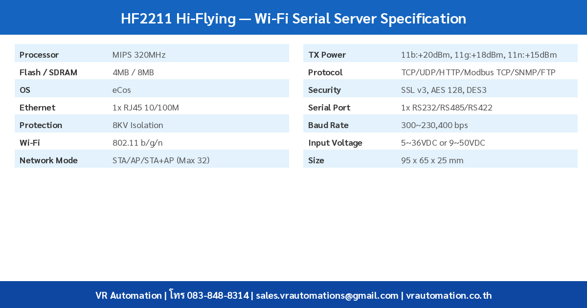 HF2211 Hi-Flying ตารางสเปค