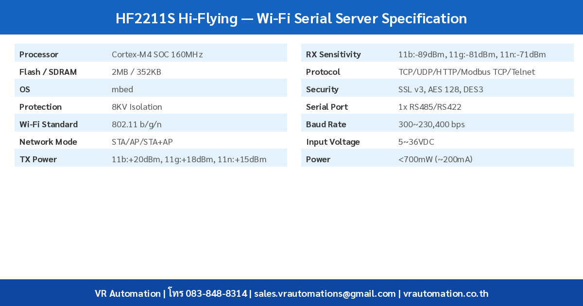 HF2211S Hi-Flying ตารางสเปค