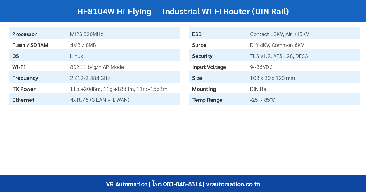 HF8104W Hi-Flying ตารางสเปค