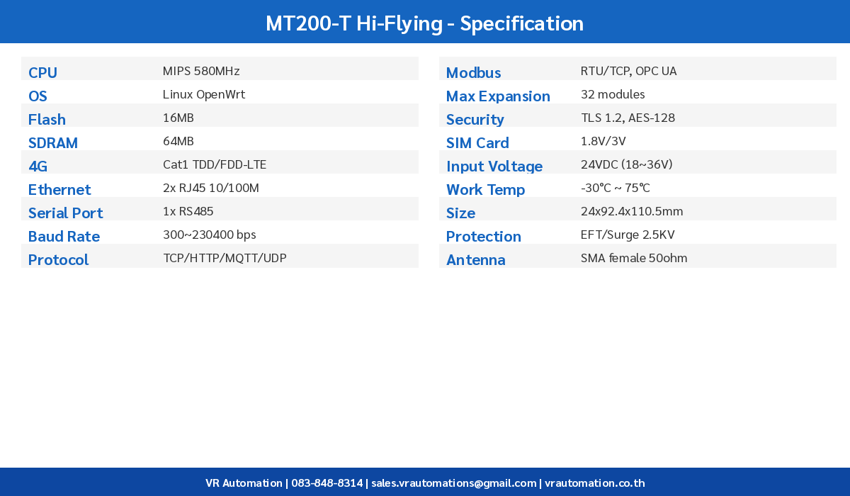 MT200-T Hi-Flying Specification Table