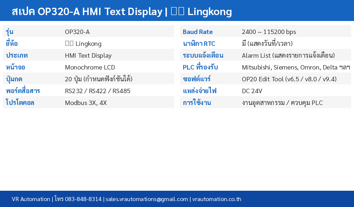 สเปค OP320-A HMI Text Display ตาราง
