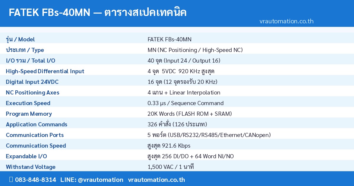 FATEK FBs-40MN Specifications Table | VR Automation
