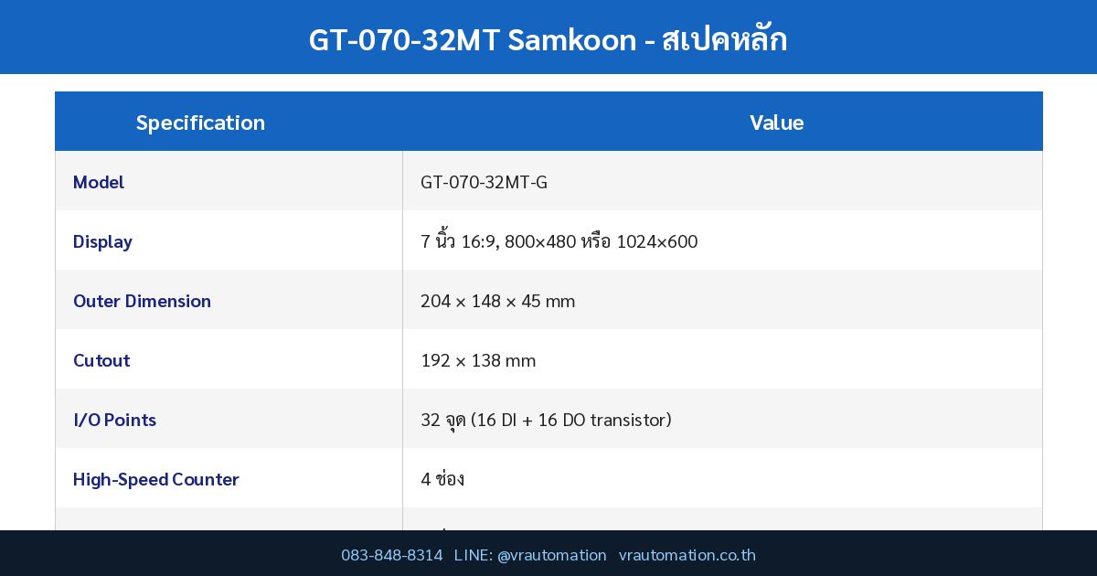 GT-070-32MT spec table