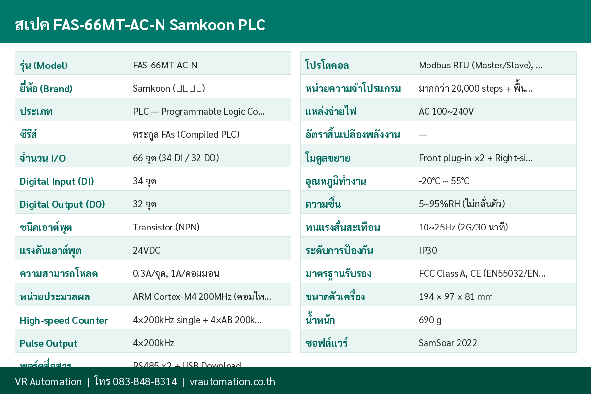 ตารางสเปค FAS-66MT-AC-N Samkoon PLC