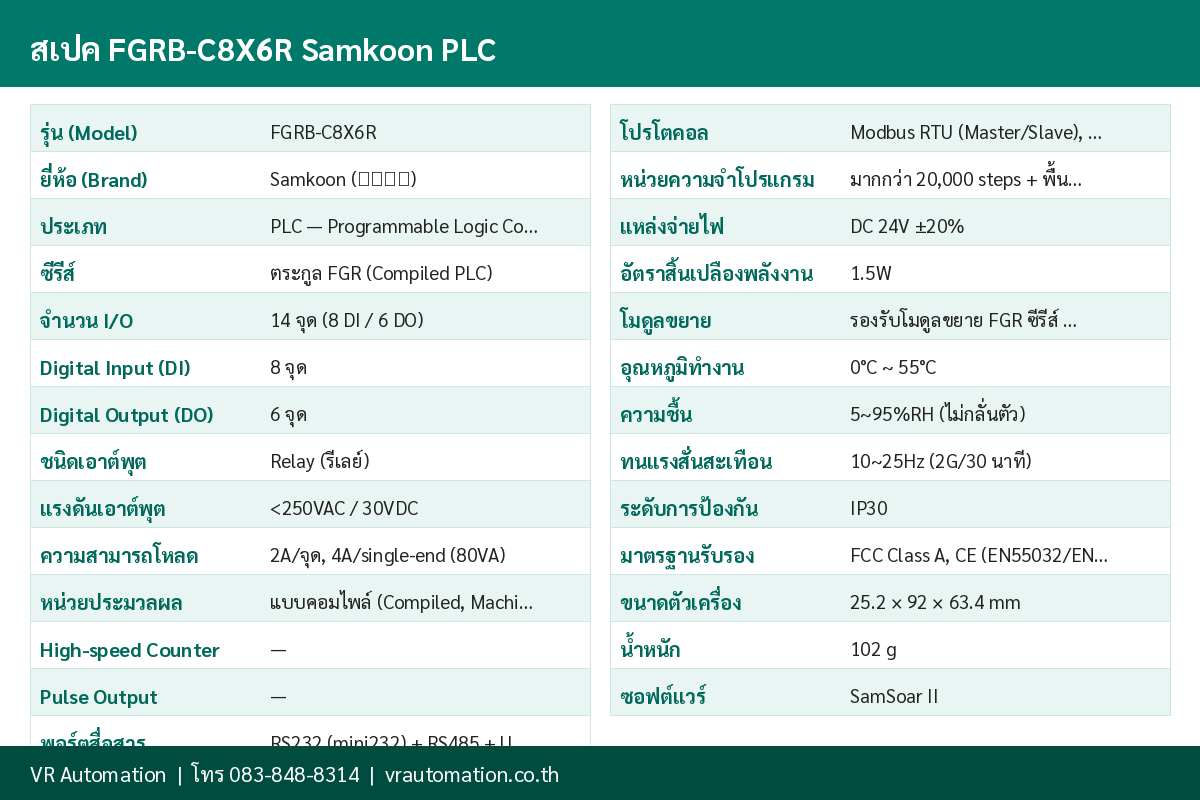 ตารางสเปค FGRB-C8X6R Samkoon PLC