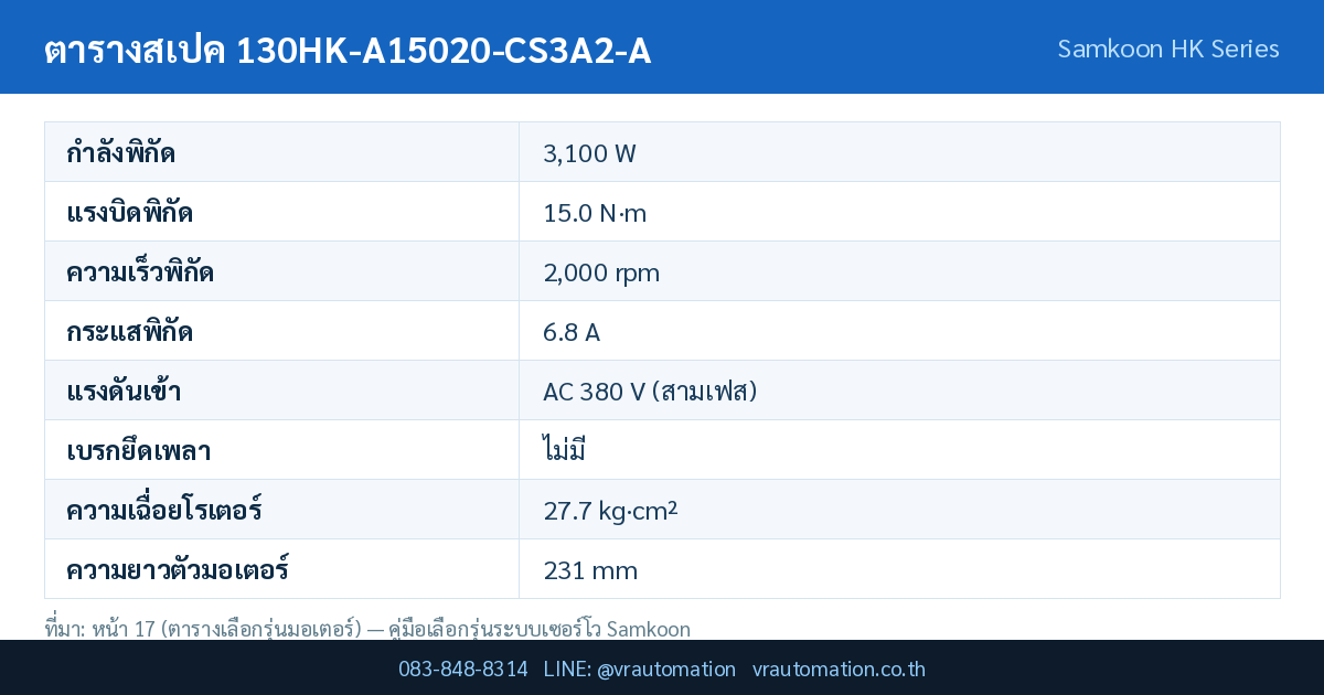 ตารางสเปค 130HK-A15020-CS3A2-A Samkoon