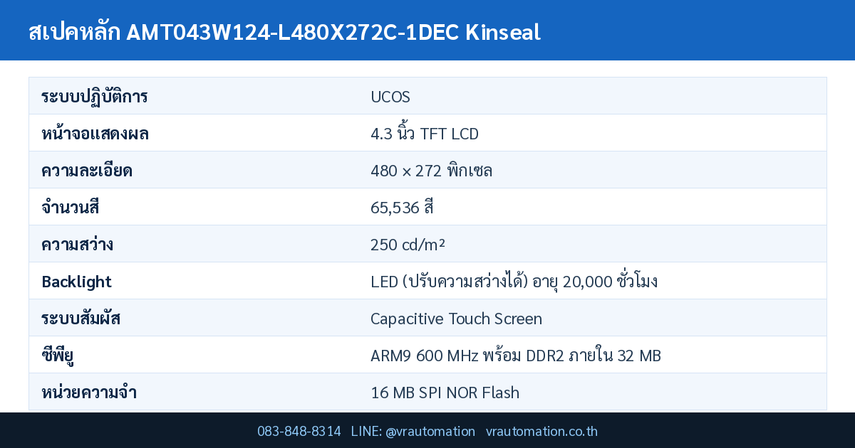 ตารางสเปค AMT043W124-L480X272C-1DEC Kinseal