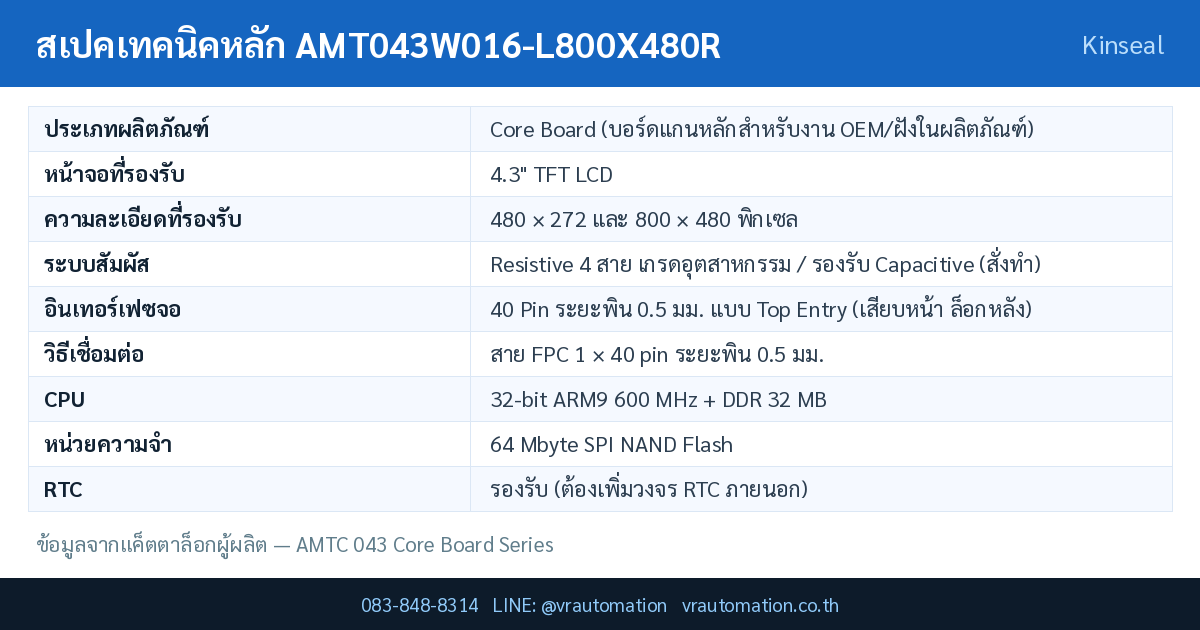 ตารางสเปค AMT043W016-L800X480R Kinseal