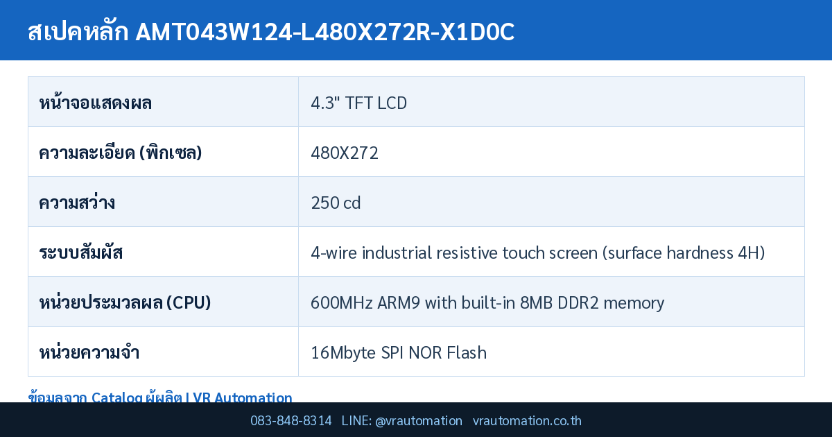 ตารางสเปค AMT043W124-L480X272R-X1D0C Kinseal