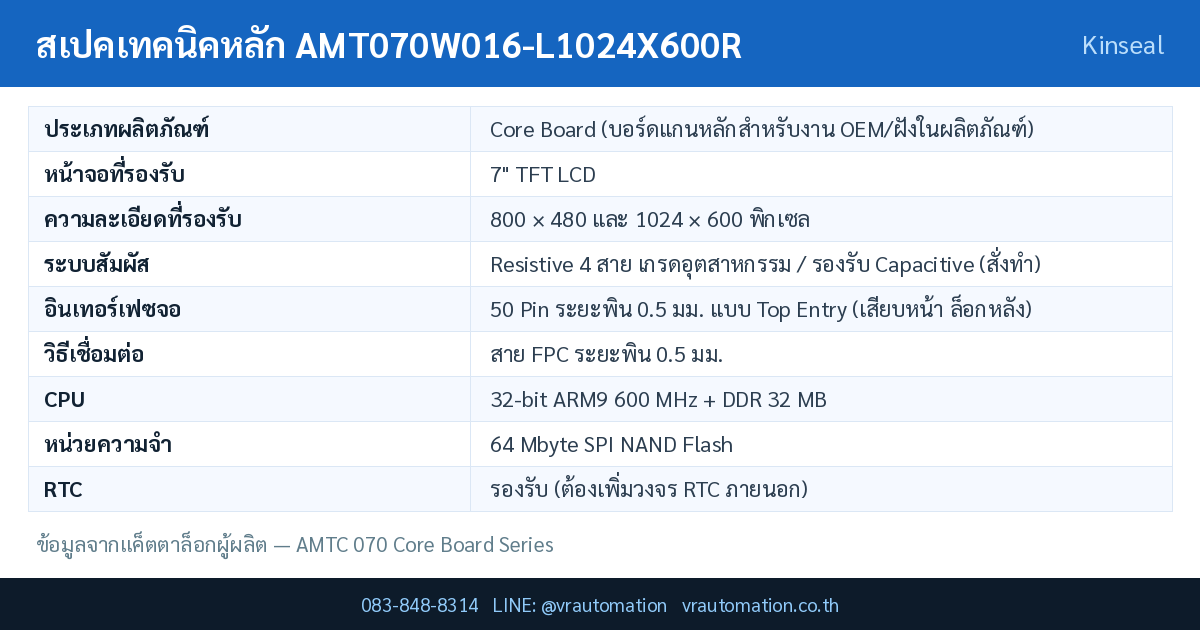 ตารางสเปค AMT070W016-L1024X600R Kinseal