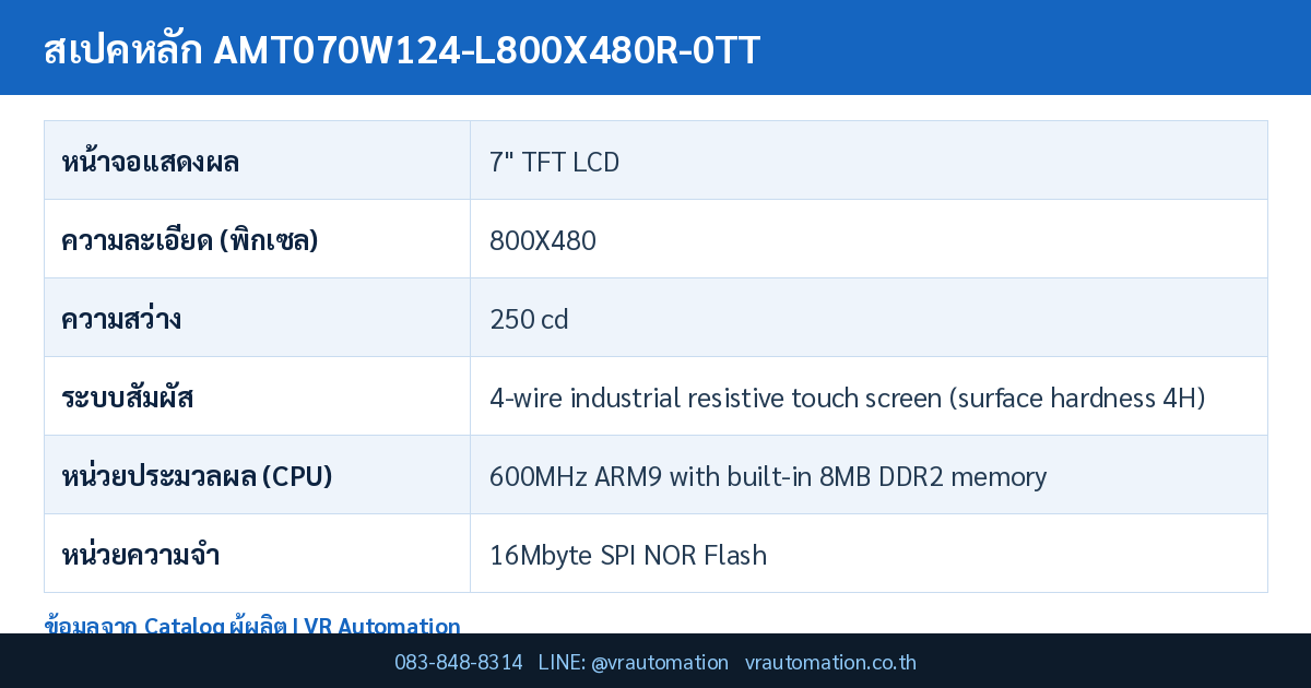 ตารางสเปค AMT070W124-L800X480R-0TT Kinseal