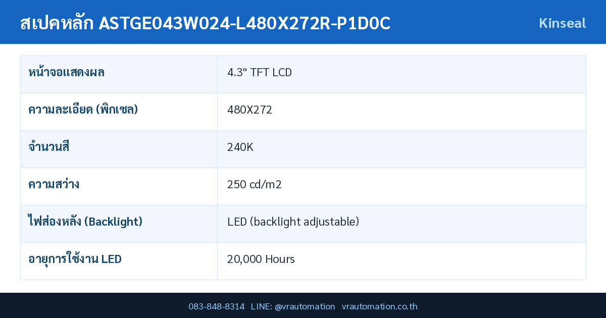 ตารางสเปค ASTGE043W024-L480X272R-P1D0C Kinseal