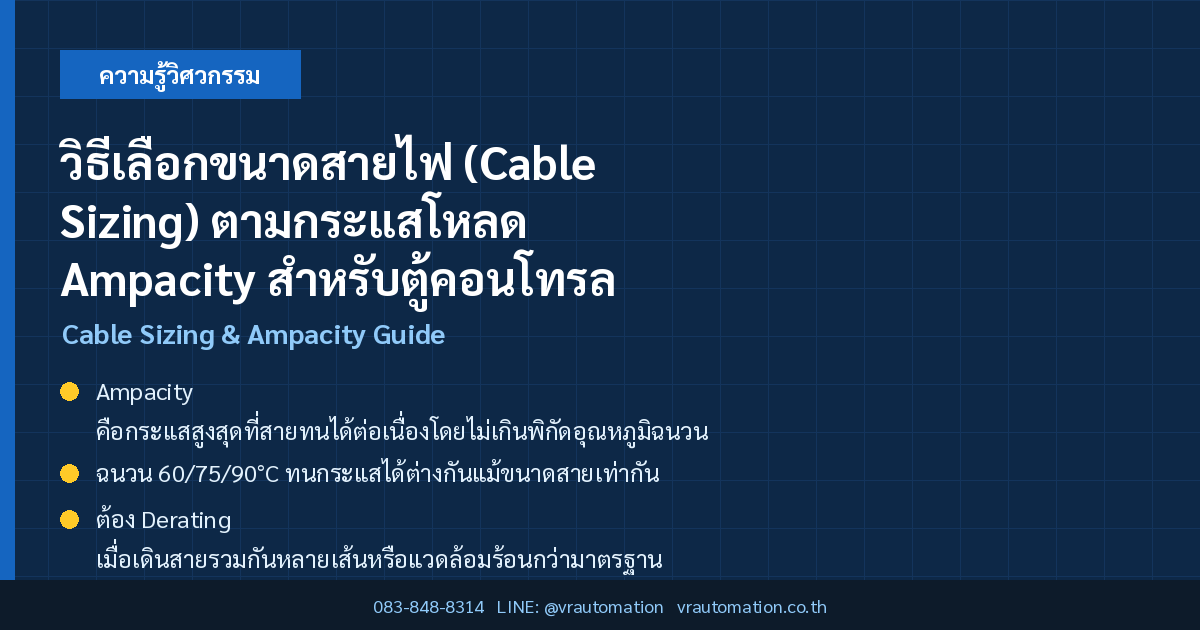 วิธีเลือกขนาดสายไฟ (Cable Sizing) ตามกระแสโหลด Ampacity สำหรับตู้คอนโทรล